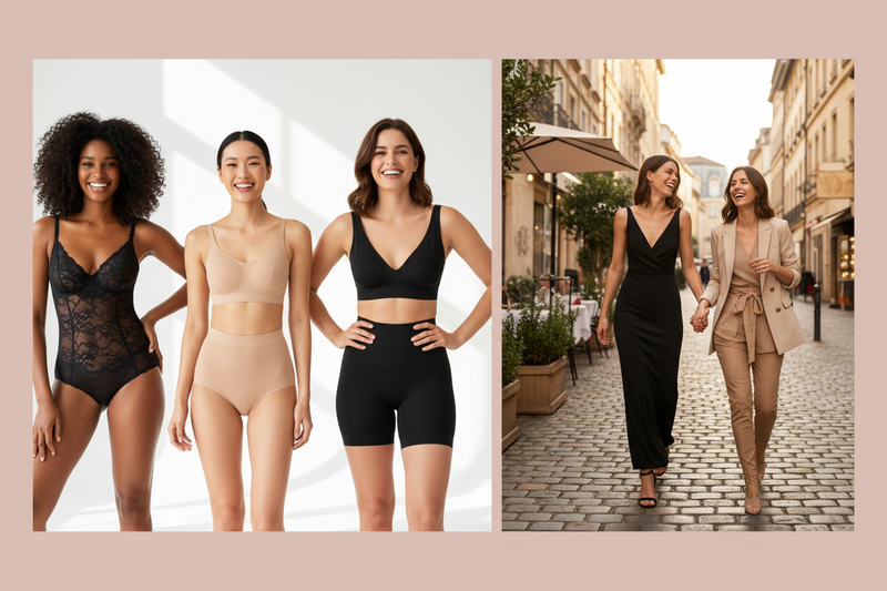 Diverse women wearing premium shapewear bodysuits, shaping panty and shorts indoors and styled in chic outfits outdoors - Shape Wear For Her